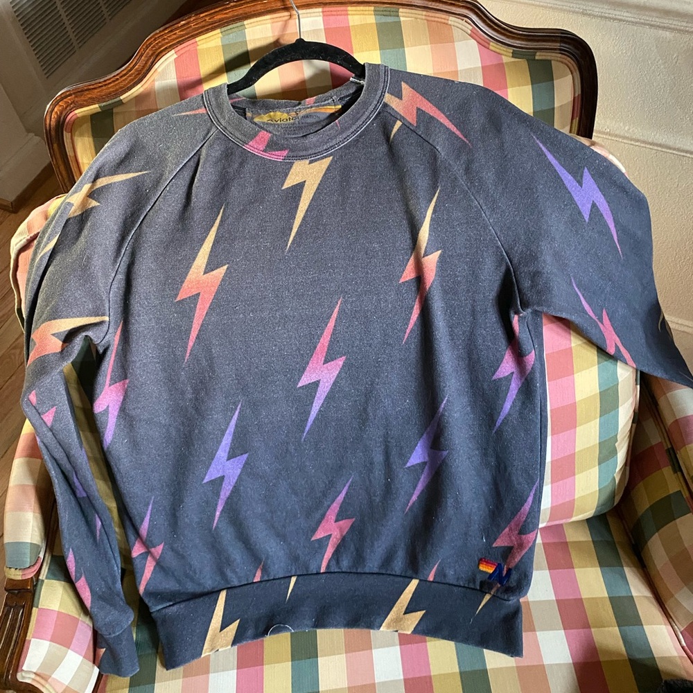 Gray aviator nation crewneck with lightning bolts